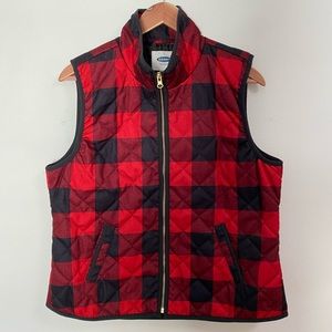 Red plaid buffalo check quilted puff vest